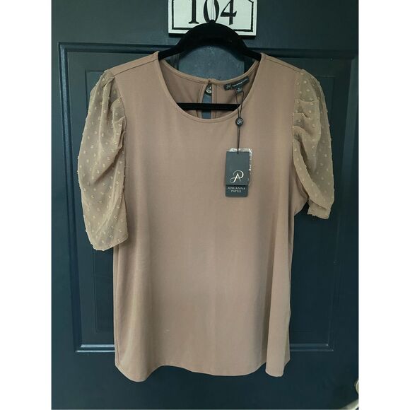 Adrianna Papell NWT Daisy Mesh Short Sleeve Cocoa Blouse, Sz Medium, MP $69 - Picture 4 of 11